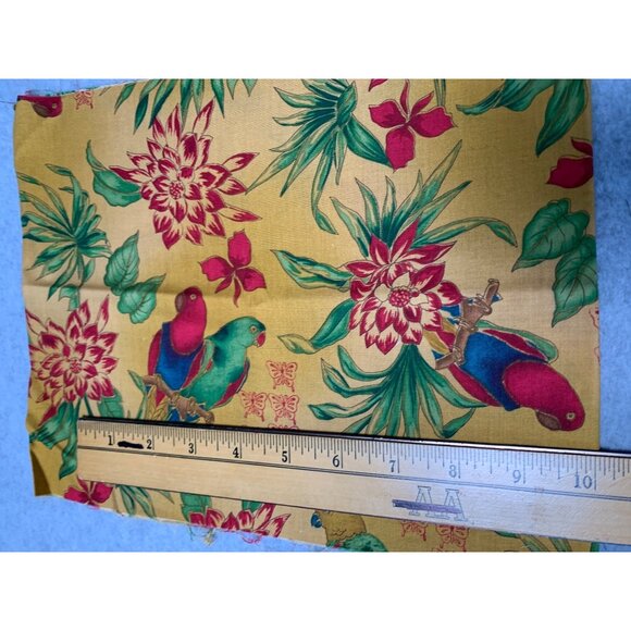 Tropical Parrot & Floral Print Cotton Fabric 1/4 yard x 44" Mustard Yellow - Picture 2 of 3